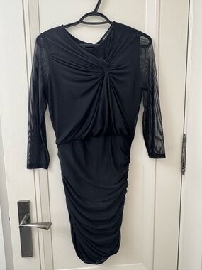 Black Ruched Mesh Sleeve Dress - Women